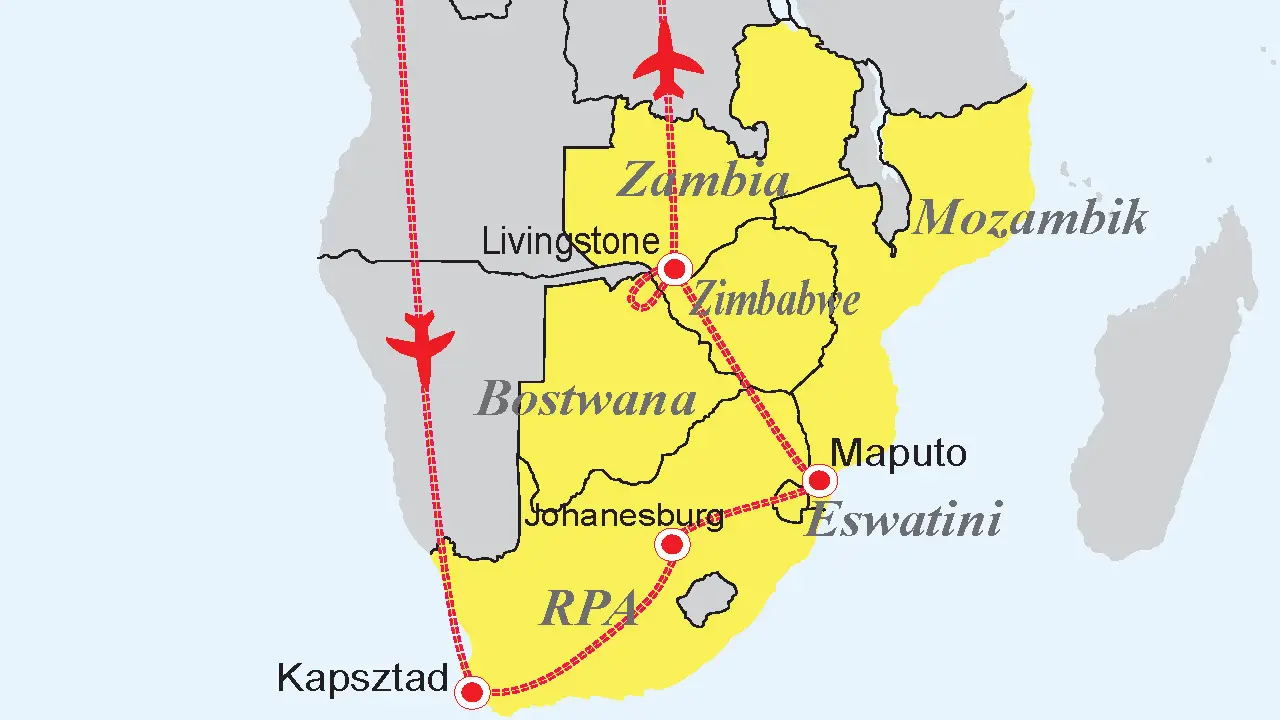 RPA, Eswatini, Mozambik, Zambia, Zimbabwe, Botswana - Sze�� kraj�w Afryki